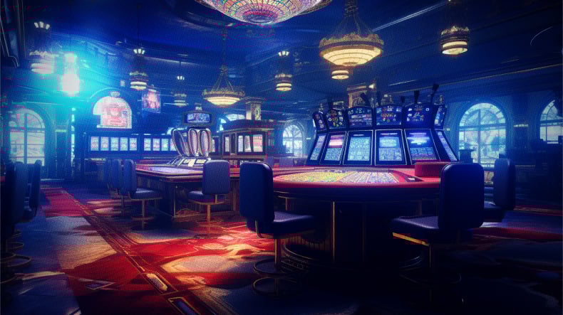Atmosphärisches Bild eines belebten Casino-Bodens mit Spielautomaten