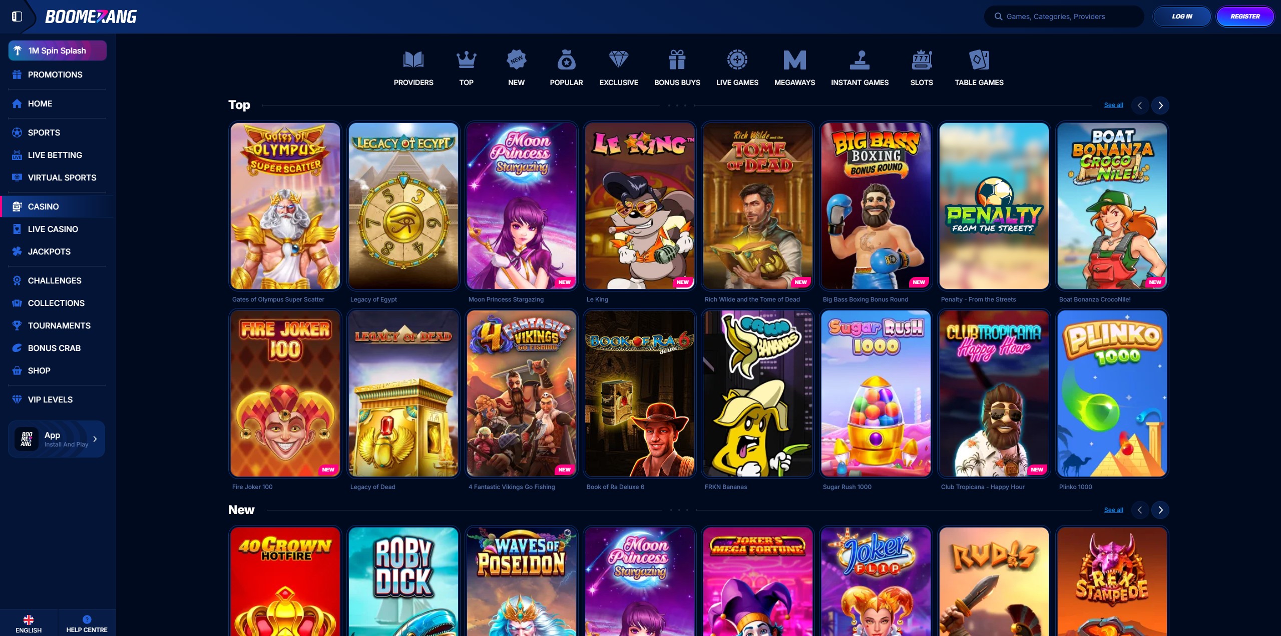 Übersicht der Boomerang Casino Slots Lobby