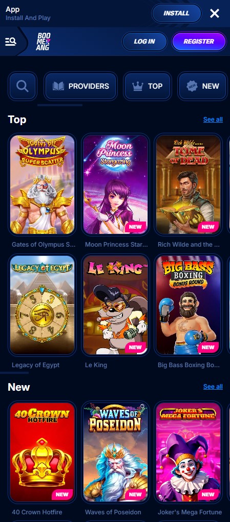 Riesige Auswahl an Spielautomaten in der Boomerang Casino App