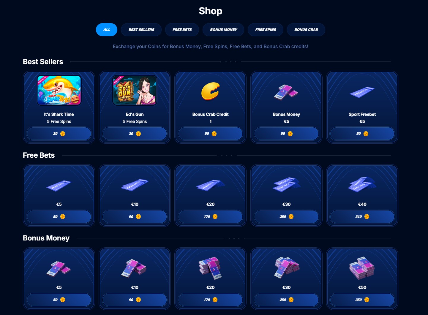 Screenshot des Boomerang Bonus Shops mit verschiedenen Angeboten
